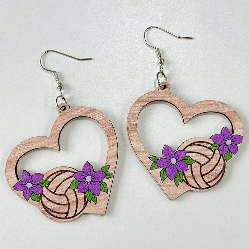 Wholesale 2pairs/pack Sports Balls Wooden Flower Hollow Love Sunflower Earrings